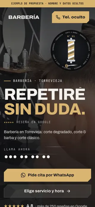 Captura de la web de barbería en Torrevieja, en el móvil. Nombre y datos ocultos.