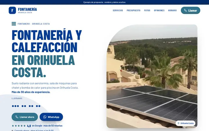 Captura de la web de fontanería en Orihuela Costa, en el ordenador. Nombre y datos ocultos.