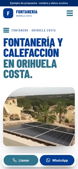 Captura de la web de fontanería en Orihuela Costa, en el móvil. Nombre y datos ocultos.