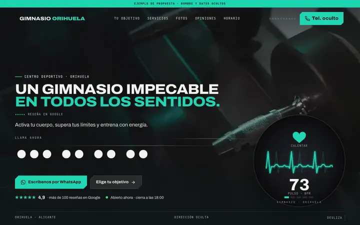 Captura de la web de gimnasio en Orihuela, en el ordenador. Nombre y datos ocultos.
