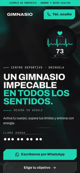 Captura de la web de gimnasio en Orihuela, en el móvil. Nombre y datos ocultos.
