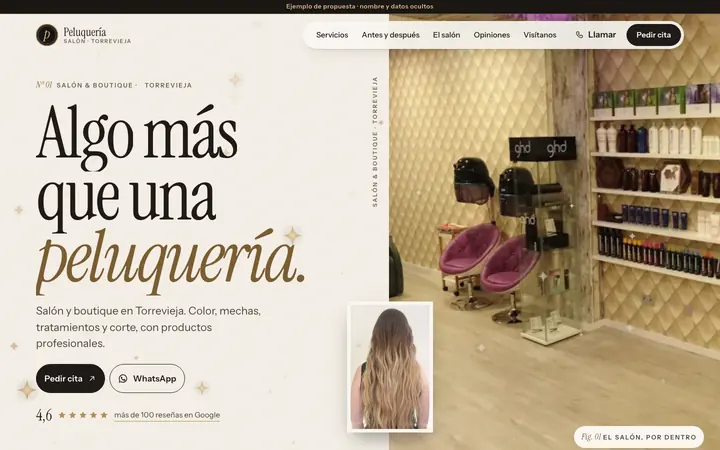 Captura de la web de peluquería en Torrevieja, en el ordenador. Nombre y datos ocultos.
