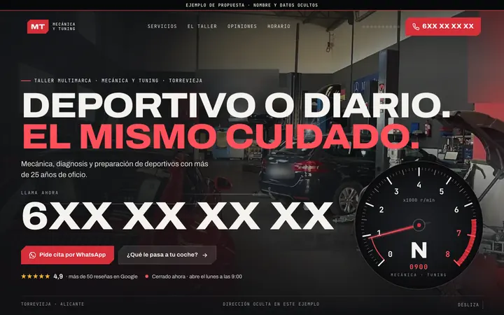 Captura de la web de taller de mecánica y tuning en Torrevieja, en el ordenador. Nombre y datos ocultos.