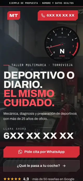 Captura de la web de taller de mecánica y tuning en Torrevieja, en el móvil. Nombre y datos ocultos.